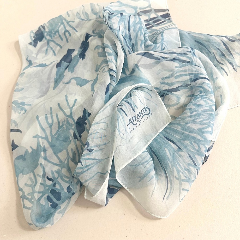 100% Silk Scarf Blue Tropical Print Made in Italy Atlantis Paradise Island 60x17